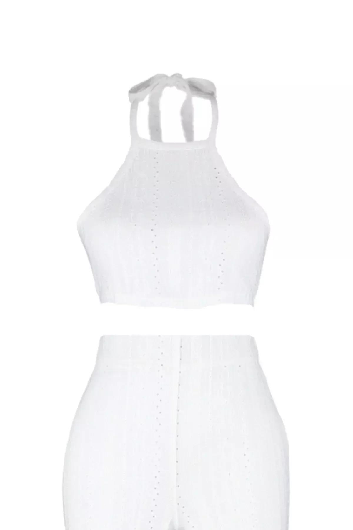 White Halterneck Slim Co-Ord Set, Ecru, large image number 6