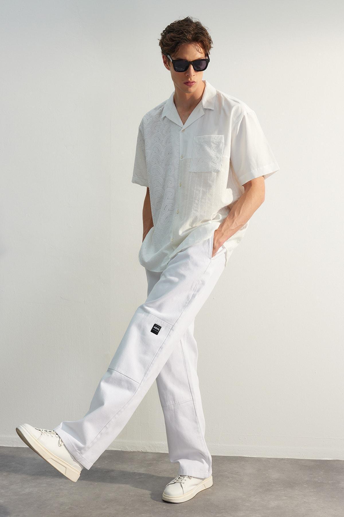 White Limited Edition Loose Fit Gabardine Trousers, , large image number 0