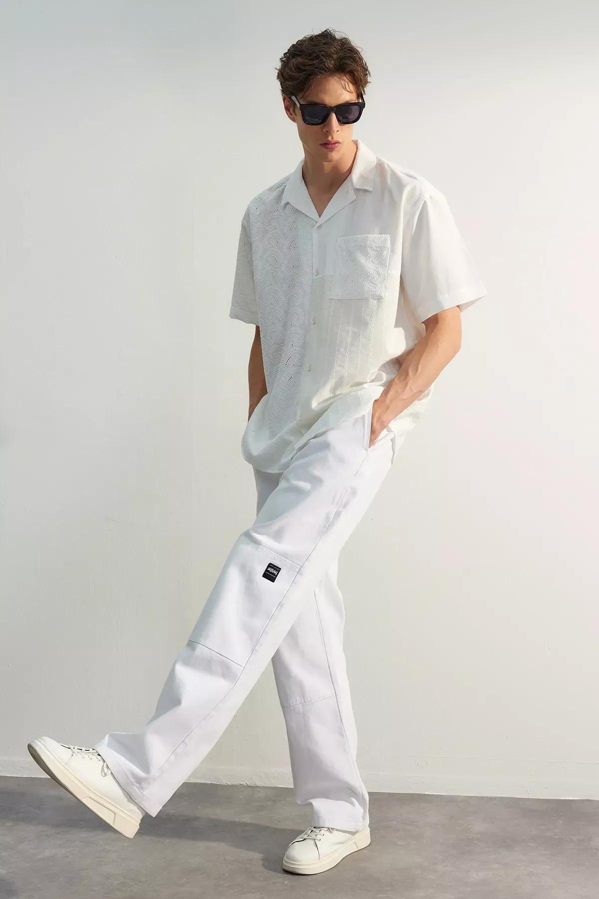 White Limited Edition Loose Fit Gabardine Trousers, White, medium