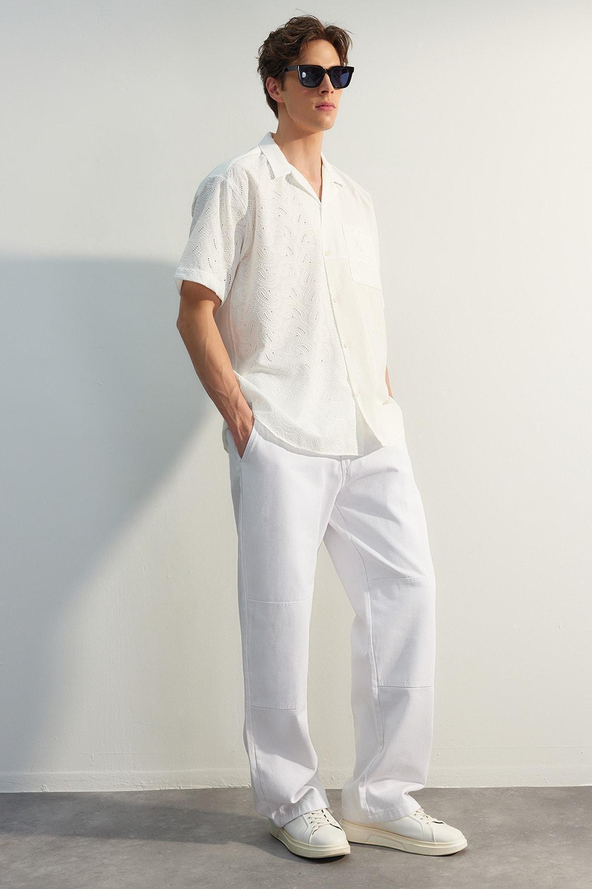 White Limited Edition Loose Fit Gabardine Trousers, , large image number 3