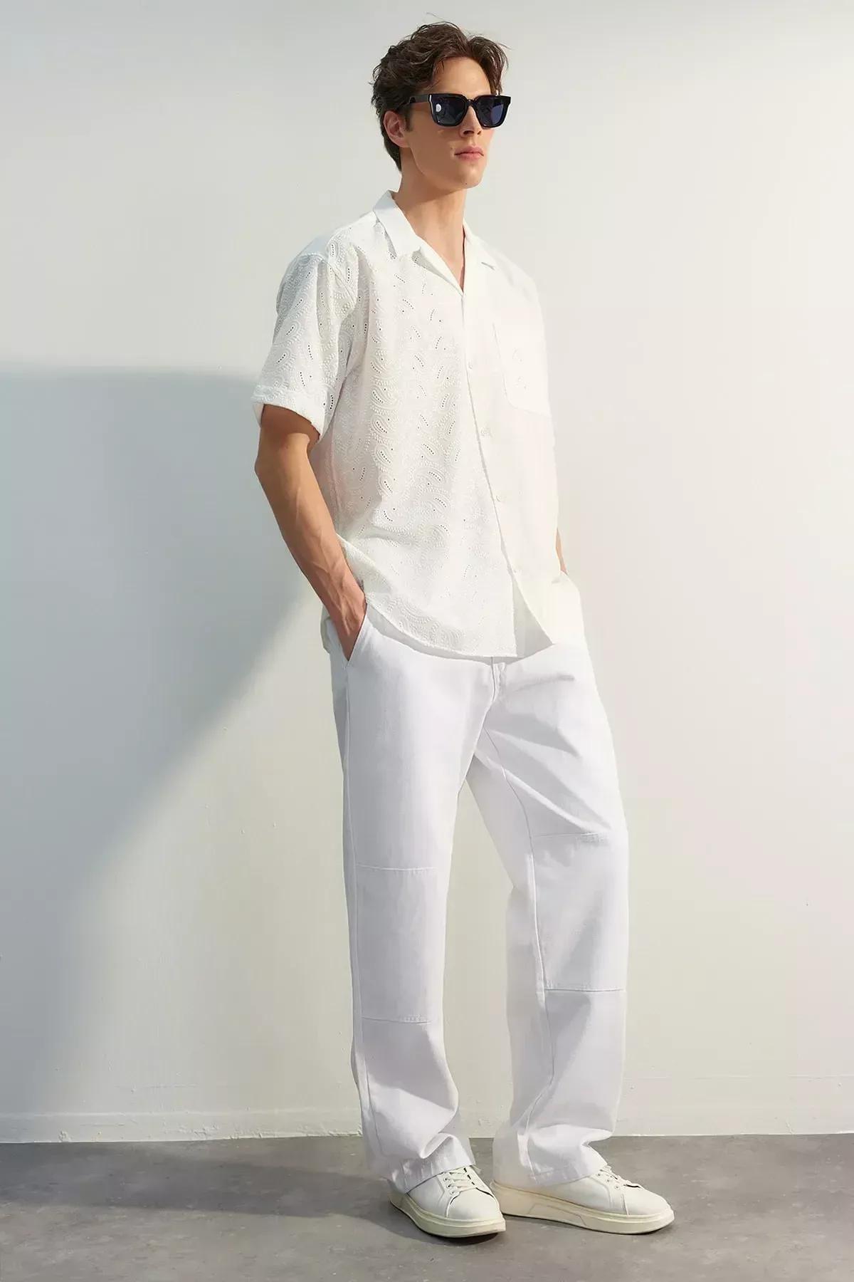 White Limited Edition Loose Fit Gabardine Trousers, White, large image number 3
