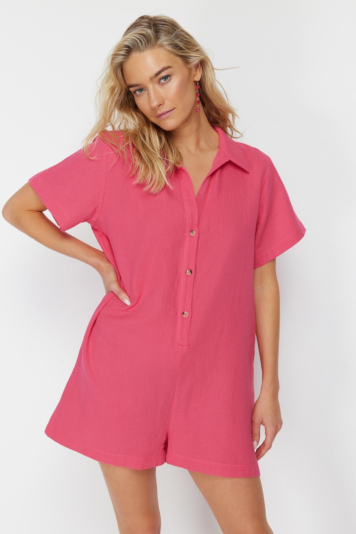 Pink Wide Fit Muslin Cotton Jumpsuit, , large image number 0