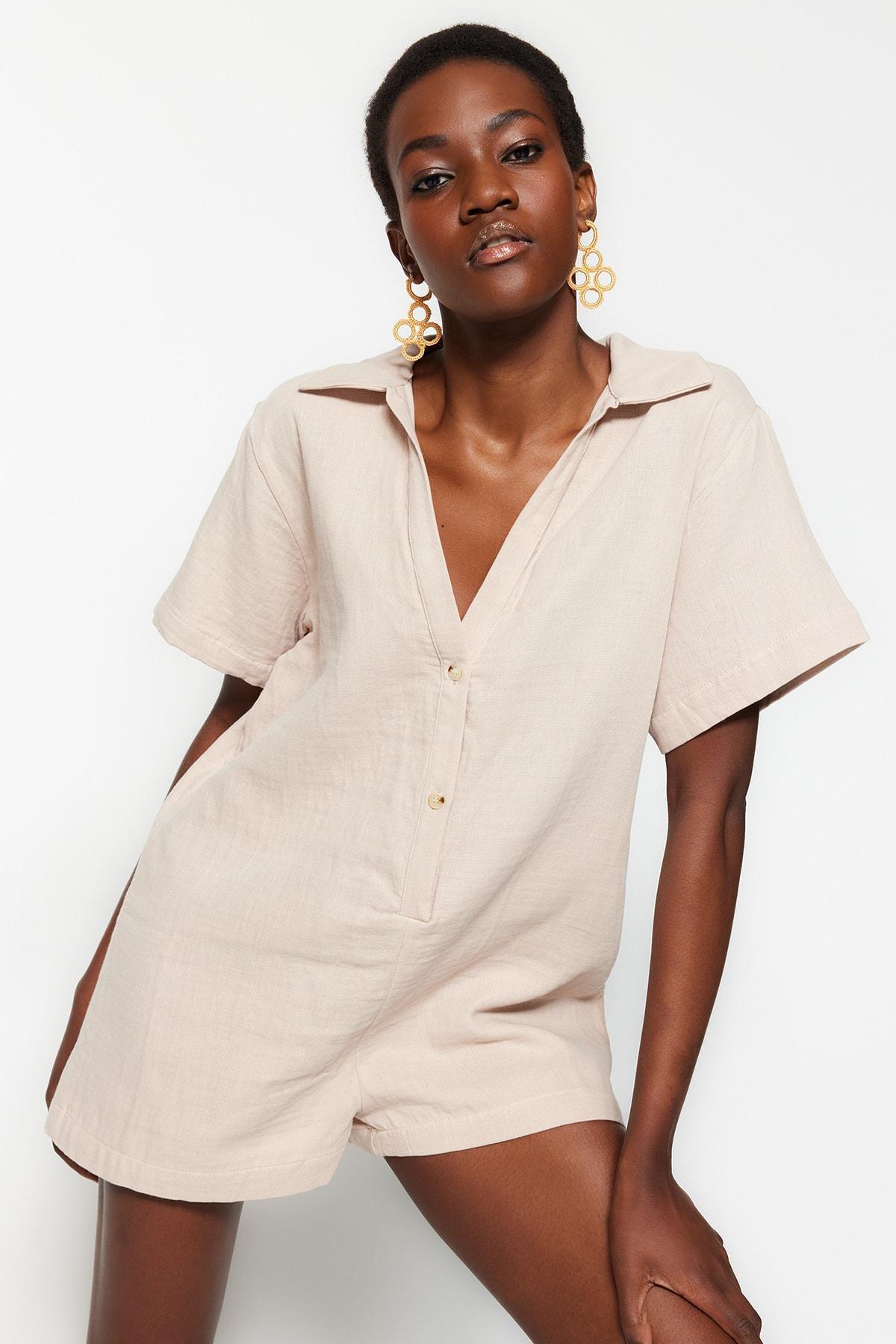 Trendyol - Cream Relaxed Mandarin Collar Jumpsuit