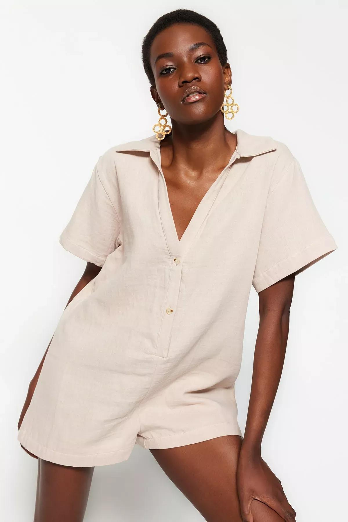 Cream Relaxed Mandarin Collar Jumpsuit, , medium