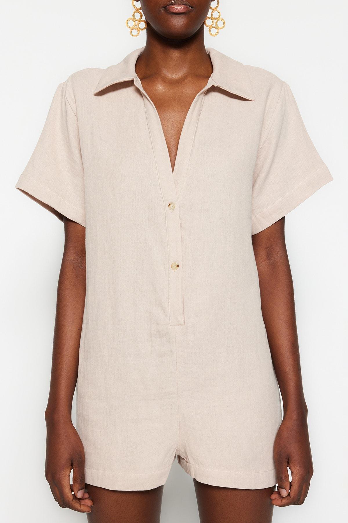 Cream Relaxed Mandarin Collar Jumpsuit, , large image number 2