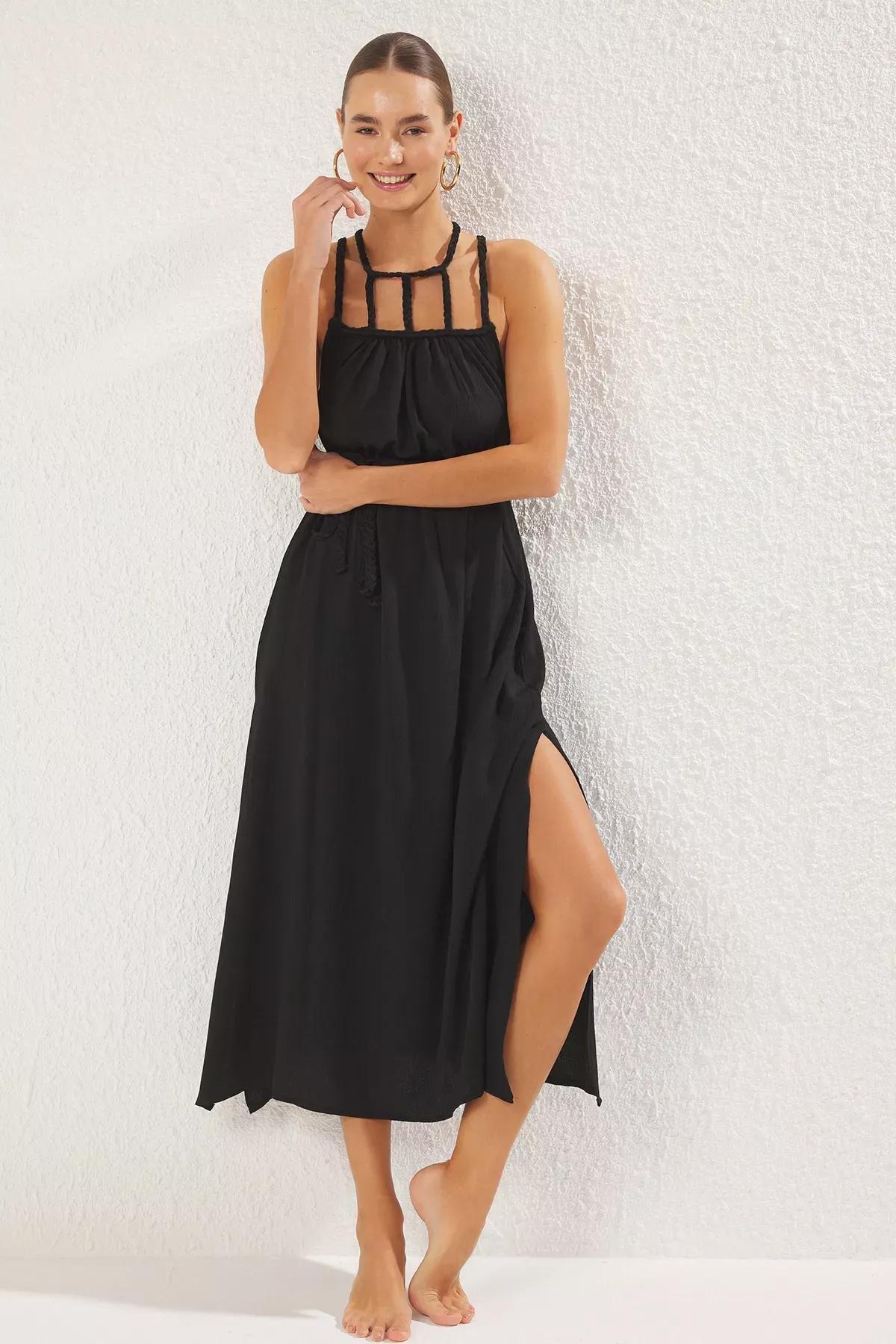 Black Plain Belted Maxi Dress, , large image number 0