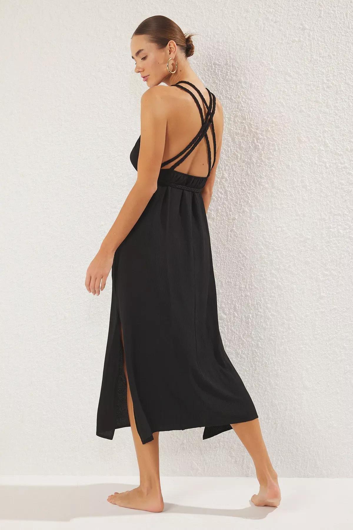 Black Plain Belted Maxi Dress, , large image number 1