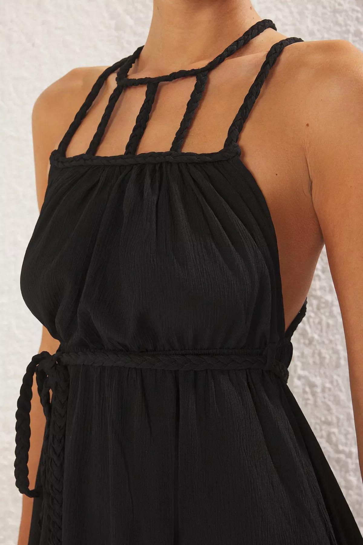 Black Plain Belted Maxi Dress, , large image number 2