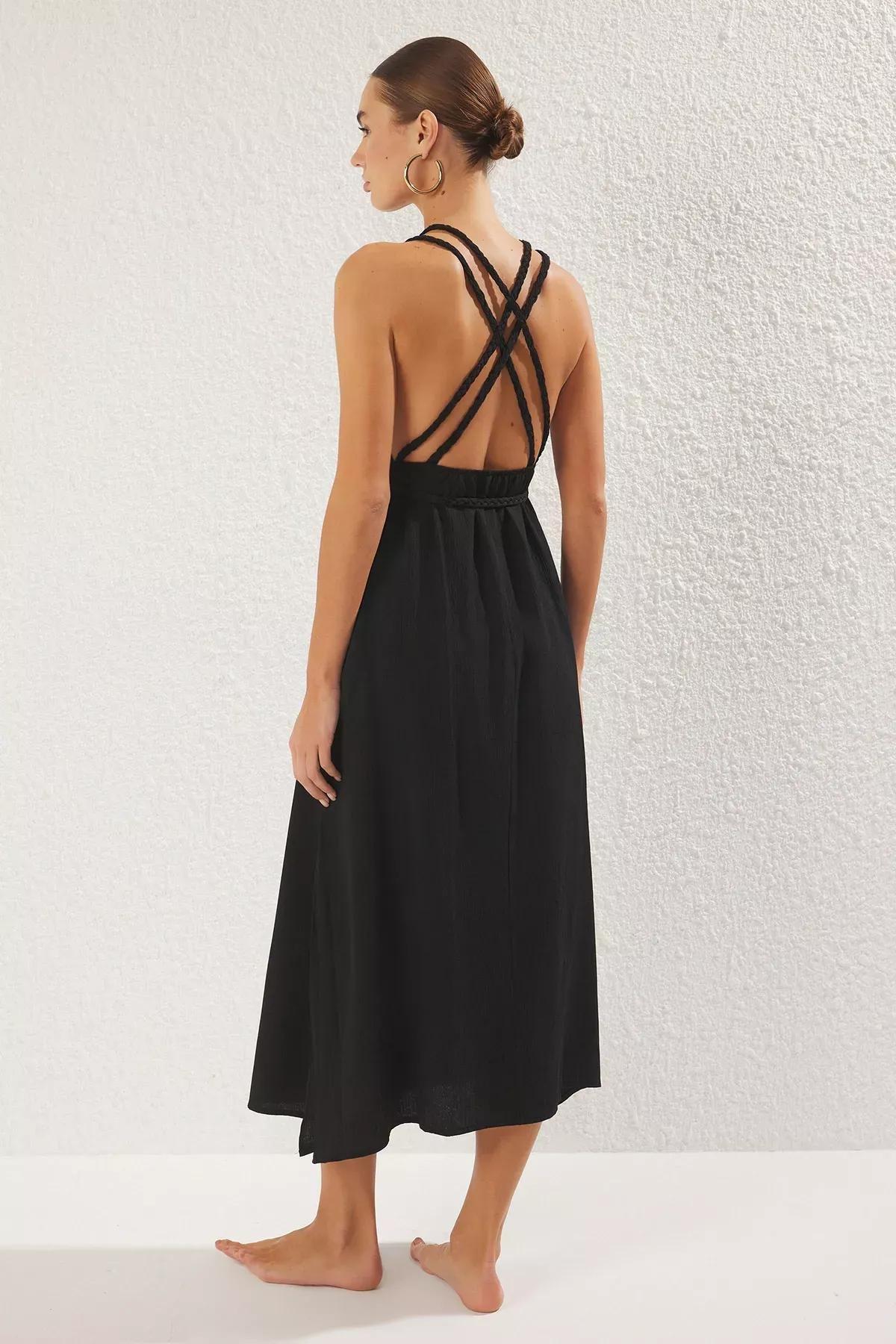Black Plain Belted Maxi Dress, , large image number 3