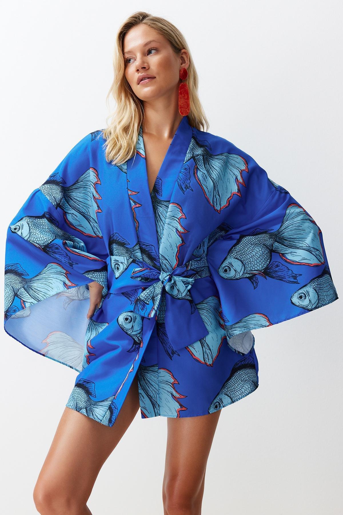 Patterned Belted Mini Kimono, , large image number 0