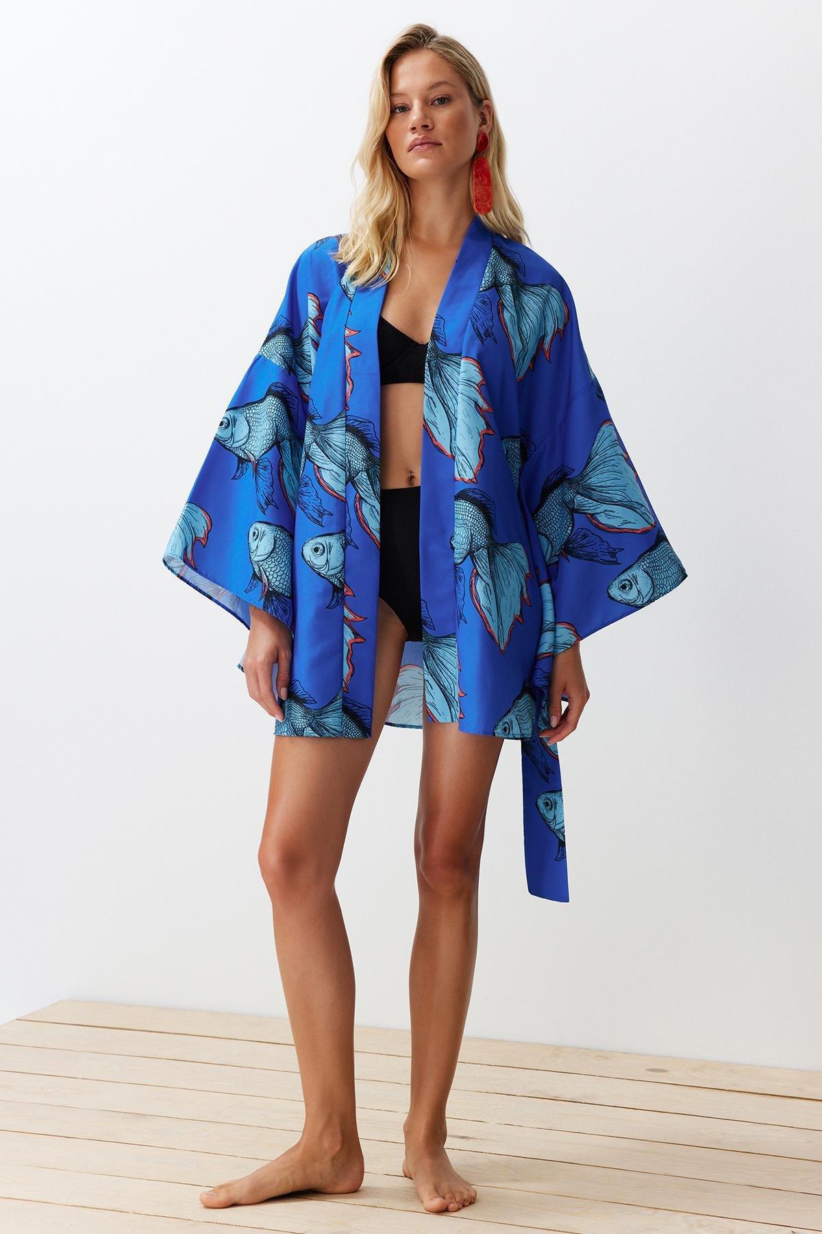 Patterned Belted Mini Kimono, , large image number 1