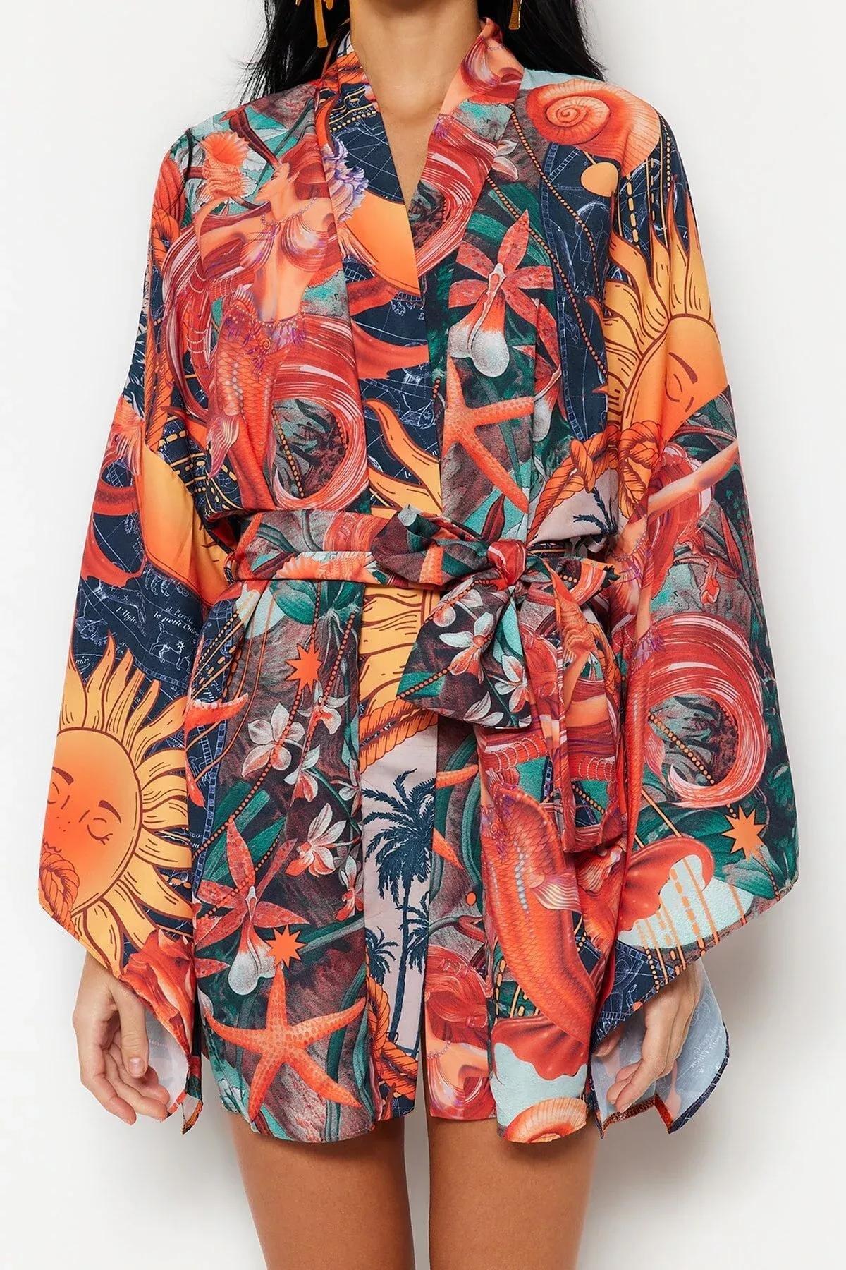 Ethnic Print Kimono, Multicolor, medium