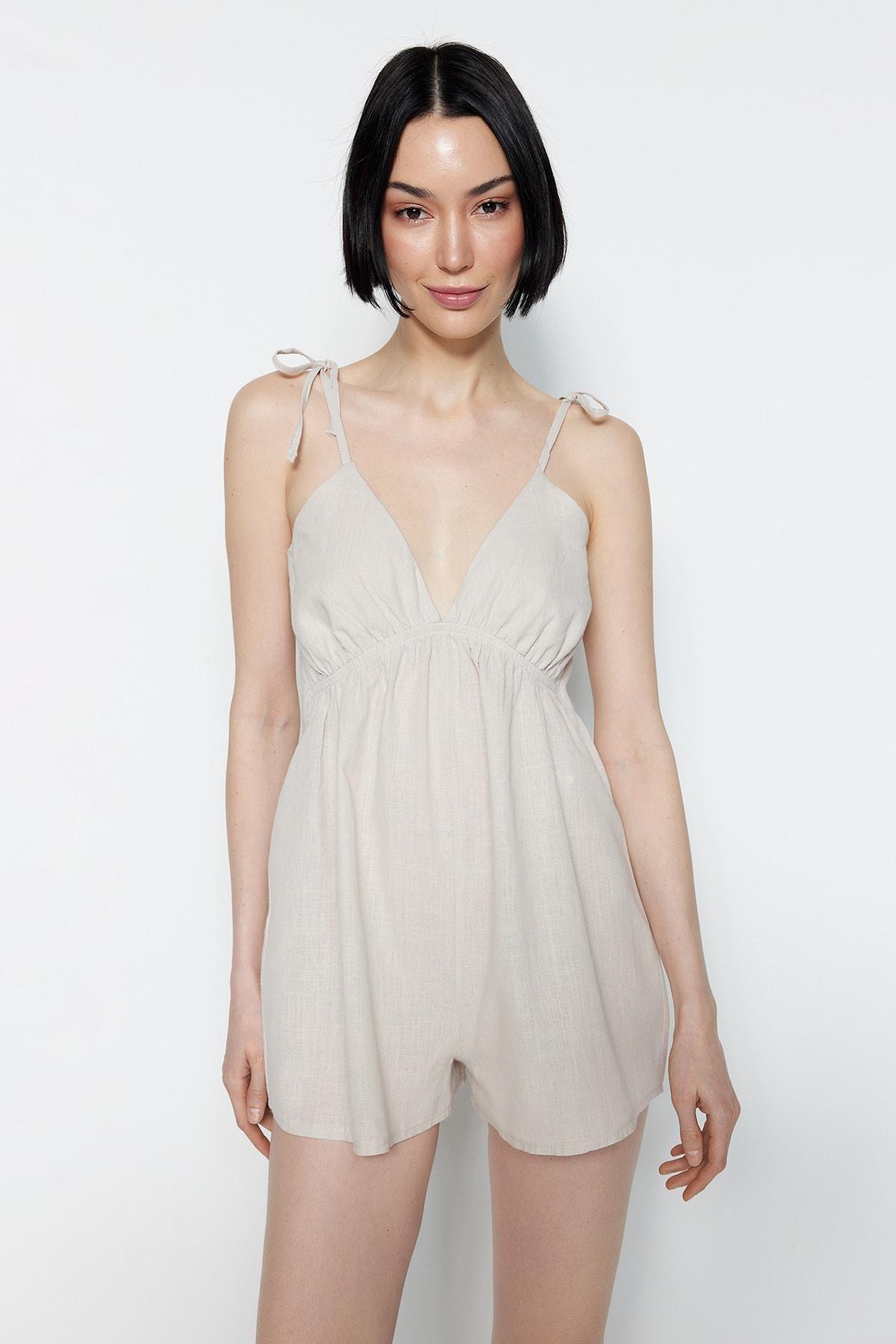 Beige V-Neck Jumpsuit, , large image number 1