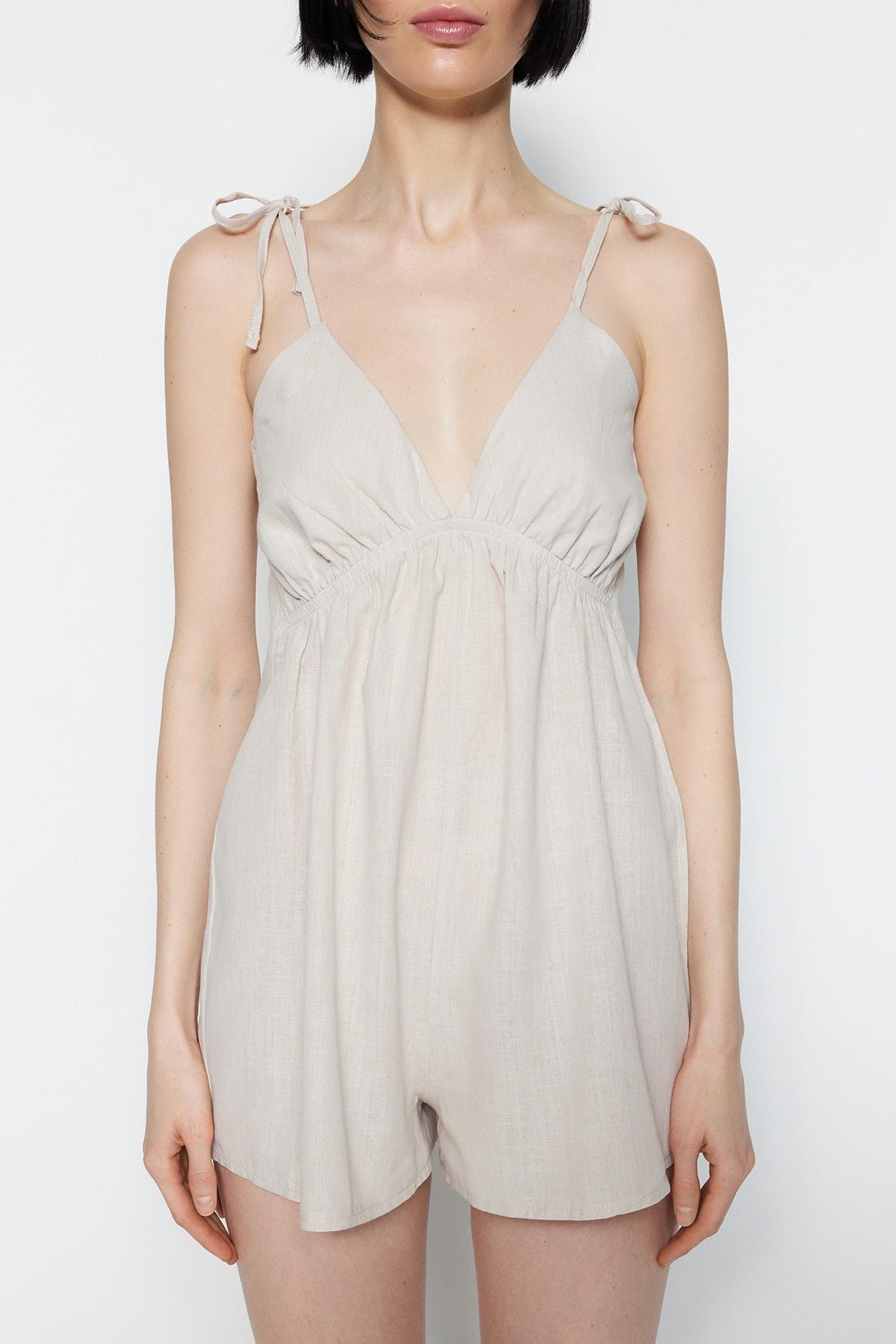 Beige V-Neck Jumpsuit, , large image number 2