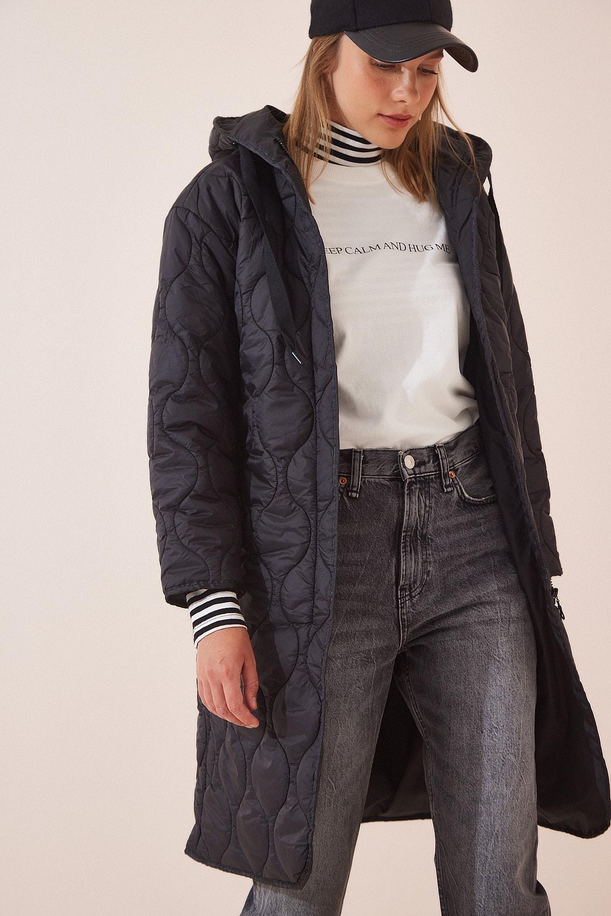 Black Hooded Quilted Coat, BLACK, large image number 0