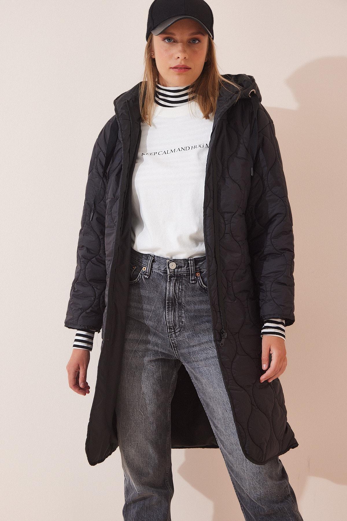 Black Hooded Quilted Coat, BLACK, large image number 1