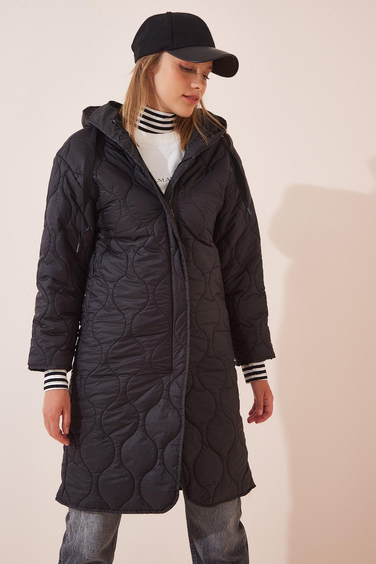 Black Hooded Quilted Coat, BLACK, large image number 2