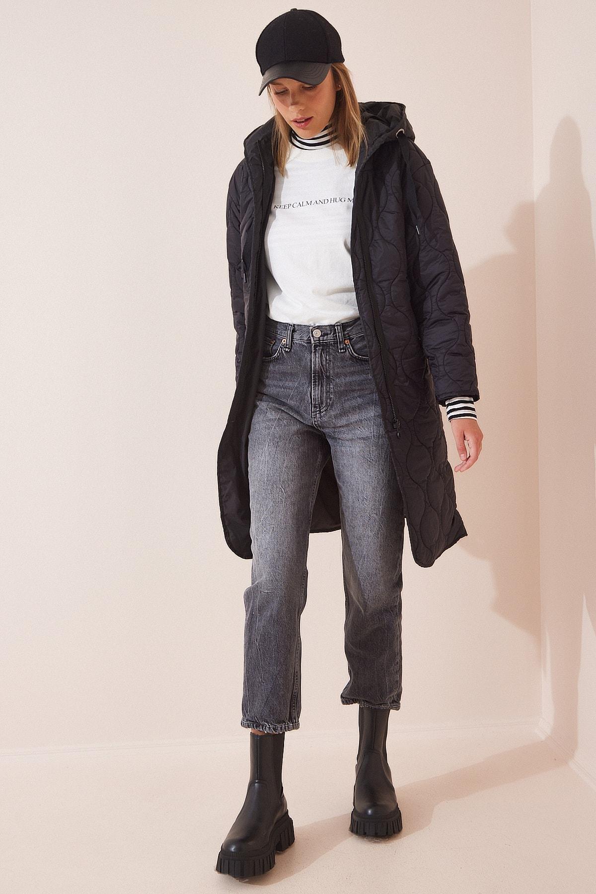 Black Hooded Quilted Coat, BLACK, large image number 3