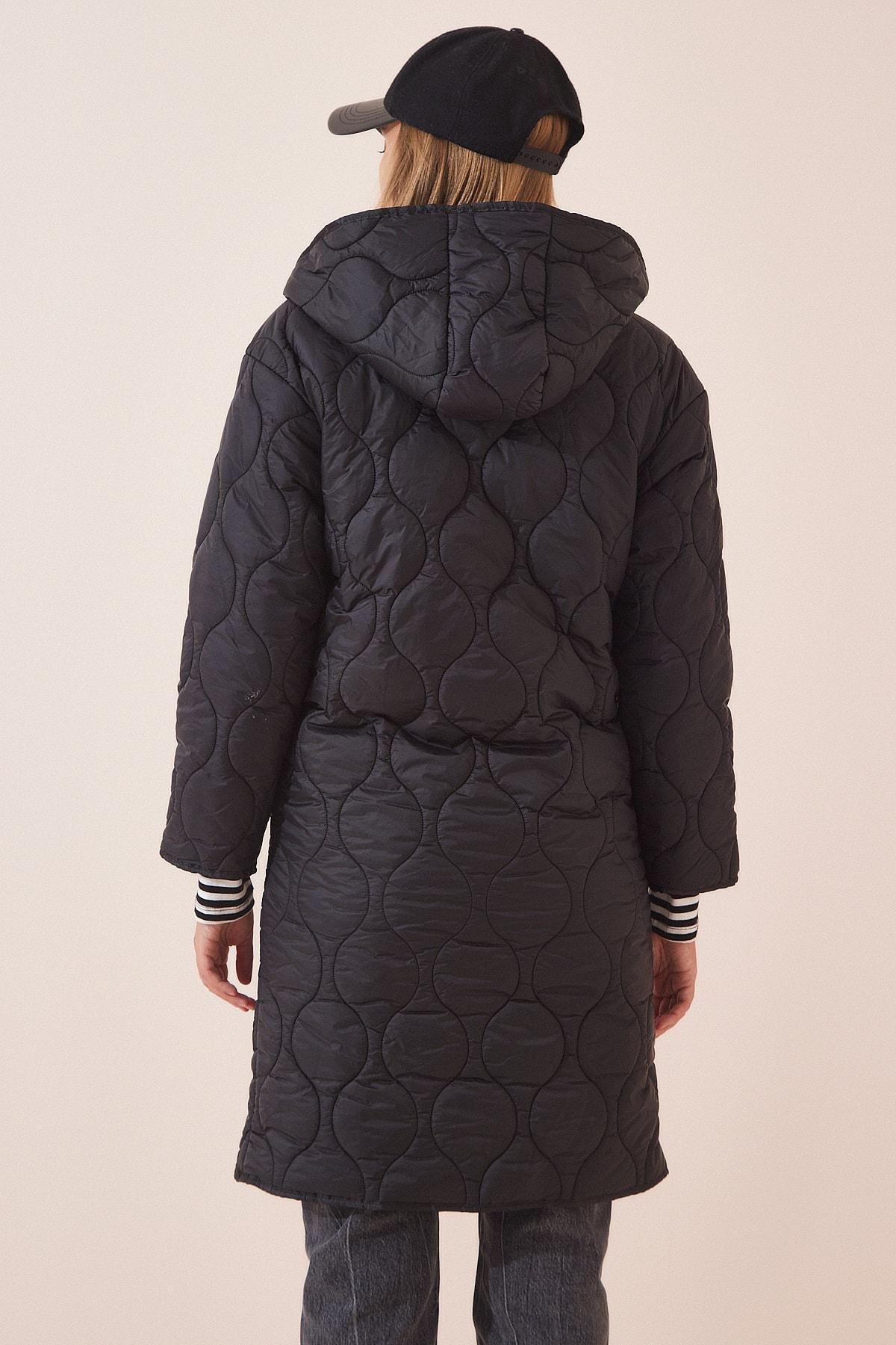 Black Hooded Quilted Coat, BLACK, large image number 4