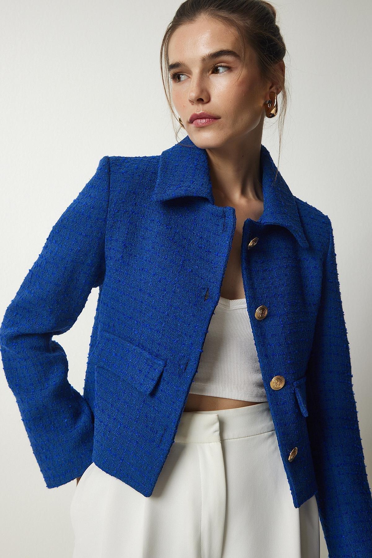 Blue Tweed Crop Jacket, , large image number 0