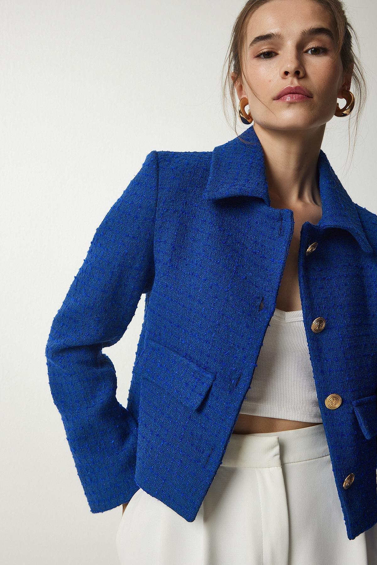 Blue Tweed Crop Jacket, , large image number 1