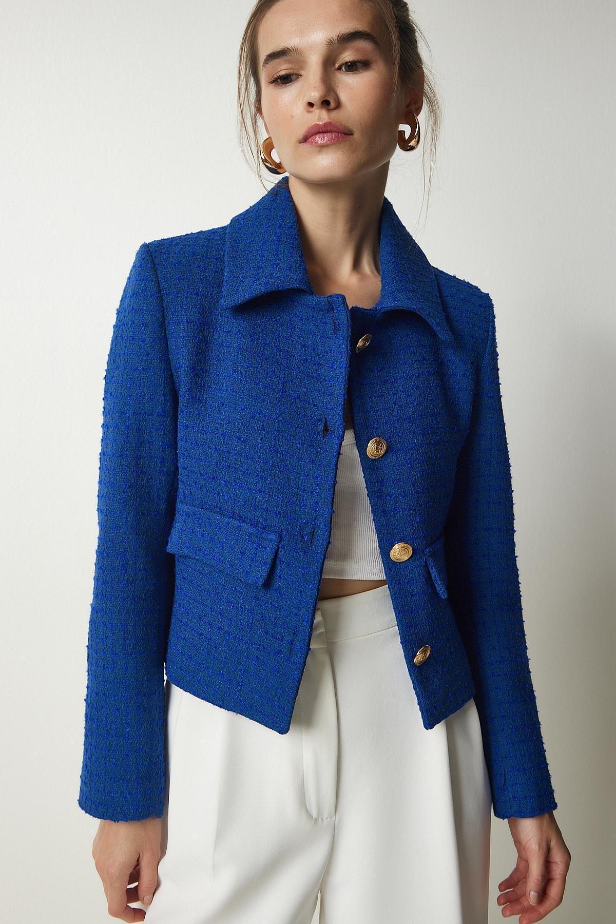 Blue Tweed Crop Jacket, , large image number 2