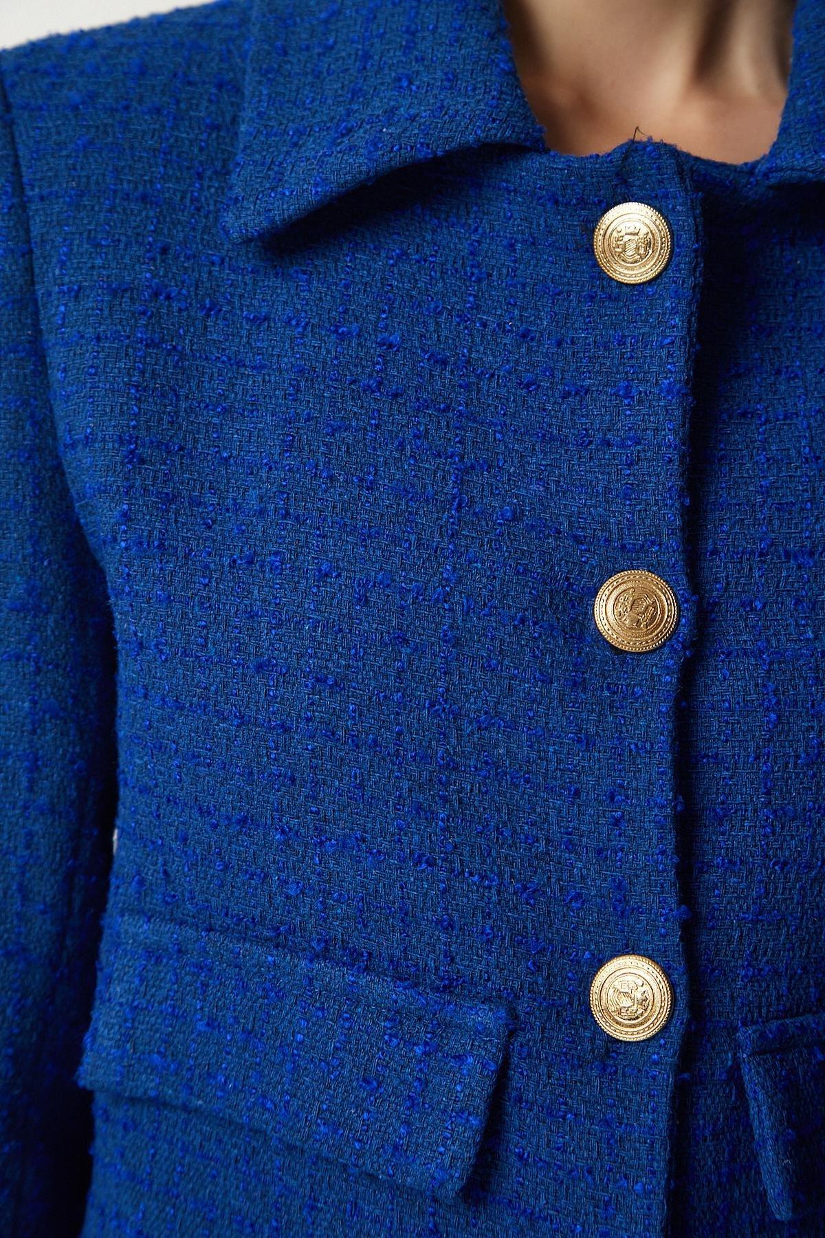 Blue Tweed Crop Jacket, , large image number 3