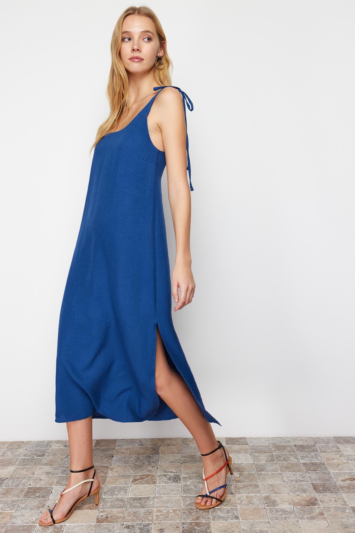 Blue Straight Cut Slit Maxi Woven Dress, , large image number 0