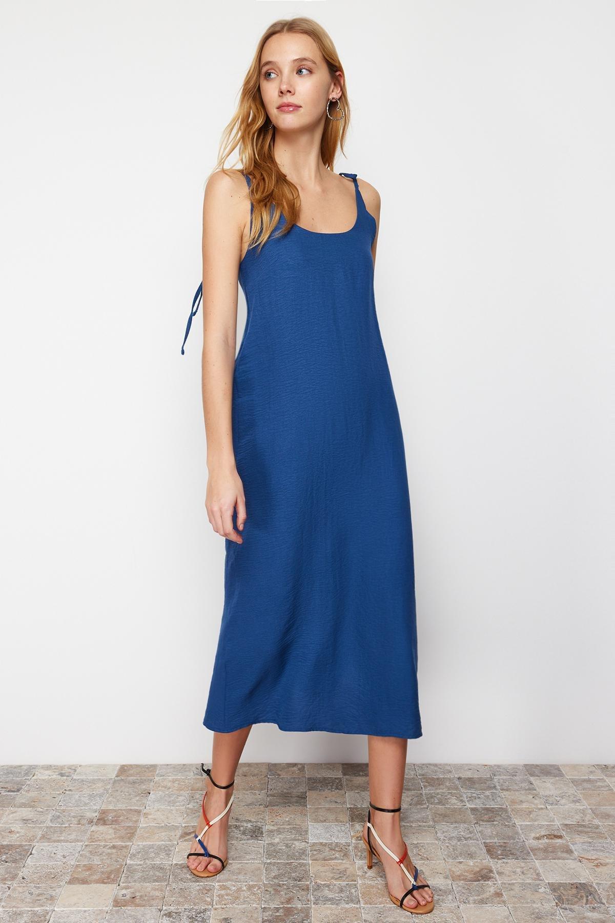 Blue Straight Cut Slit Maxi Woven Dress, , large image number 1