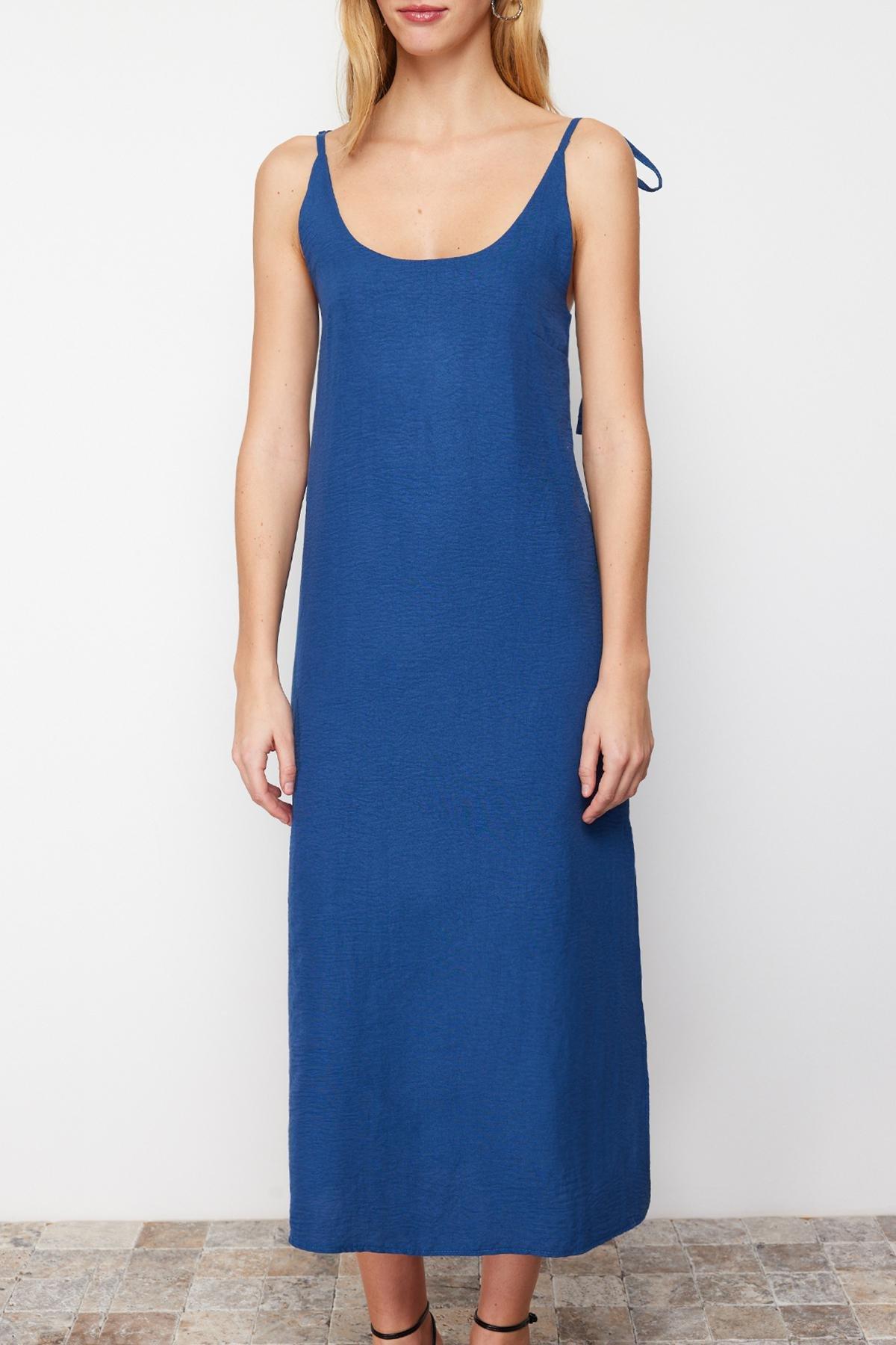 Blue Straight Cut Slit Maxi Woven Dress, , large image number 2