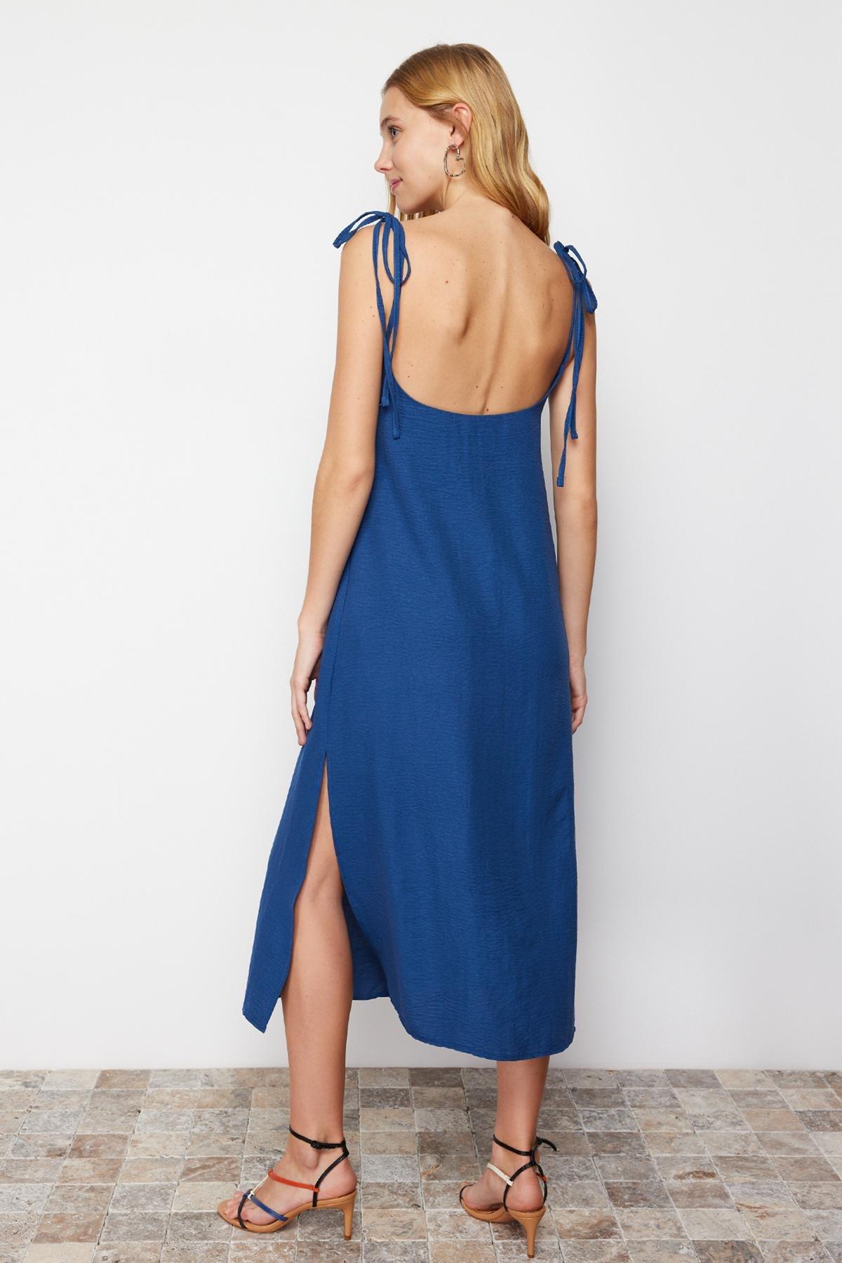 Blue Straight Cut Slit Maxi Woven Dress, , large image number 4