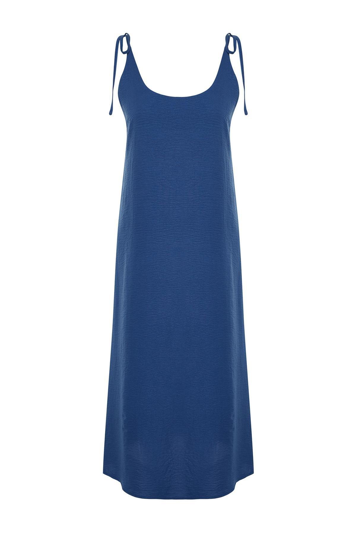 Blue Straight Cut Slit Maxi Woven Dress, , large image number 5