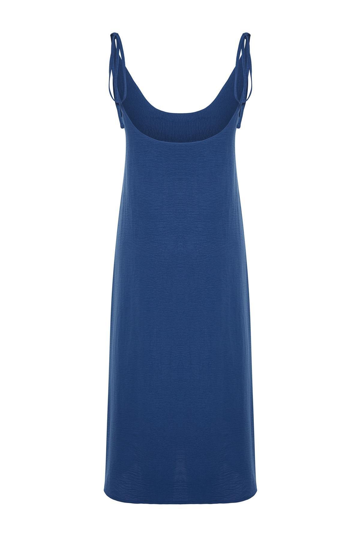 Blue Straight Cut Slit Maxi Woven Dress, , large image number 6