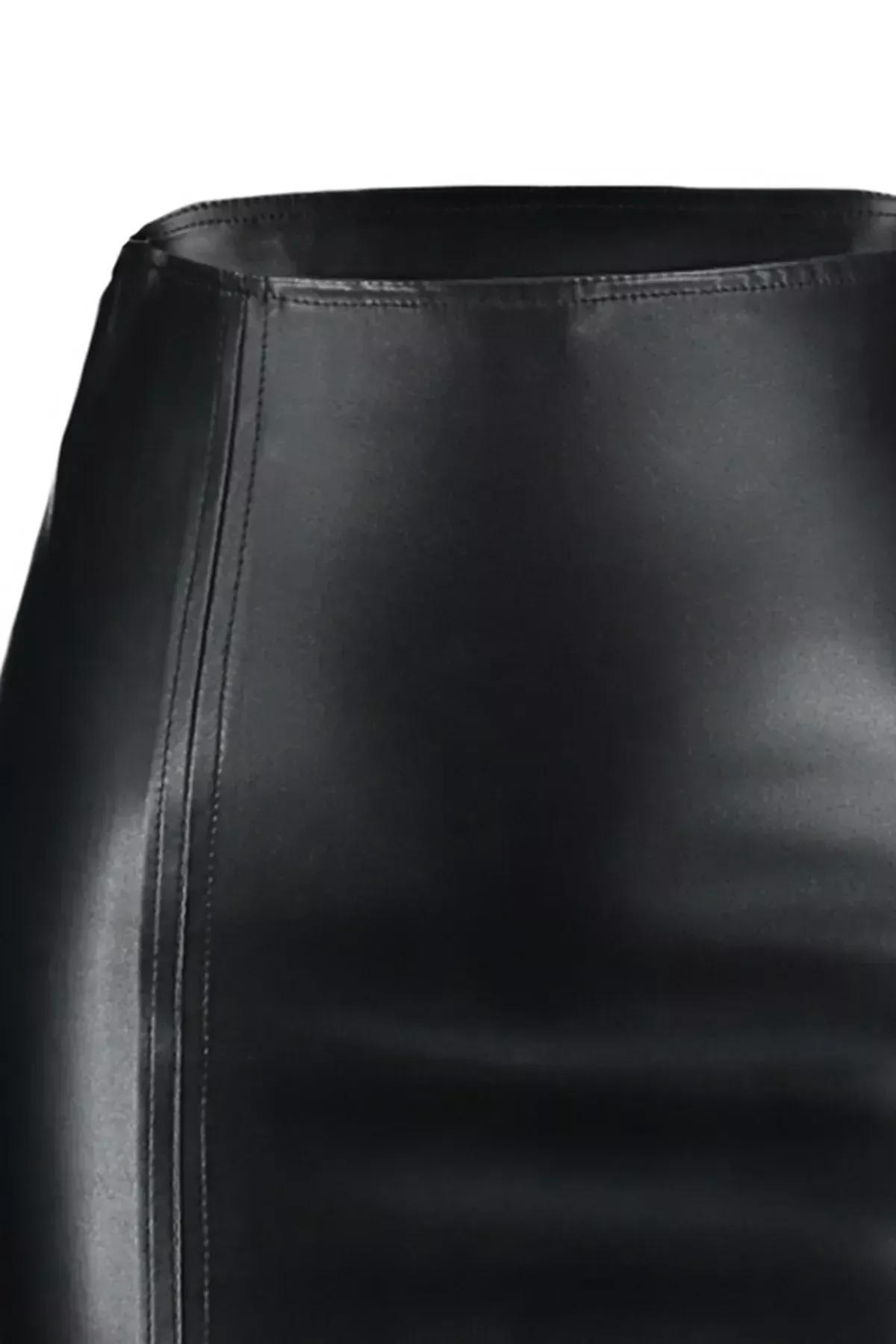 Black Leather Opened Hem Skirt, Black, large image number 5