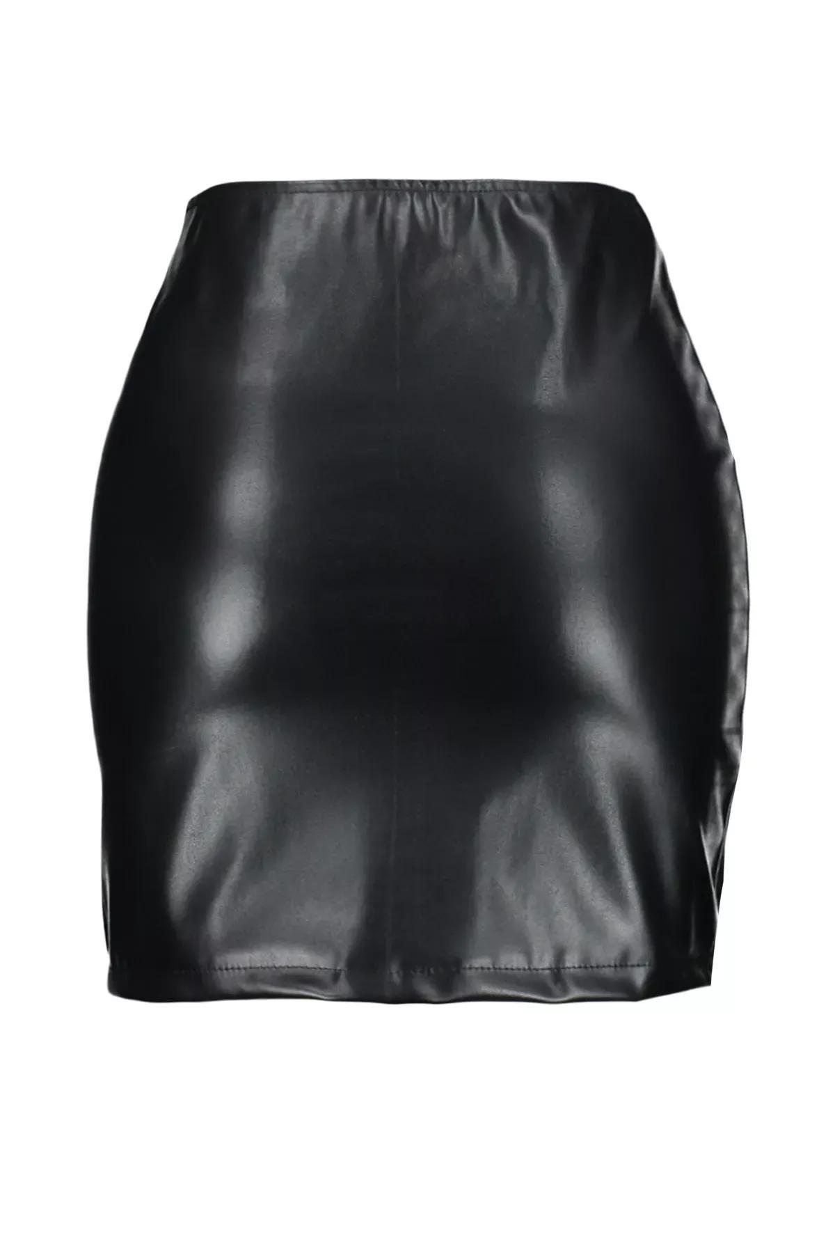 Black Leather Opened Hem Skirt, Black, large image number 6