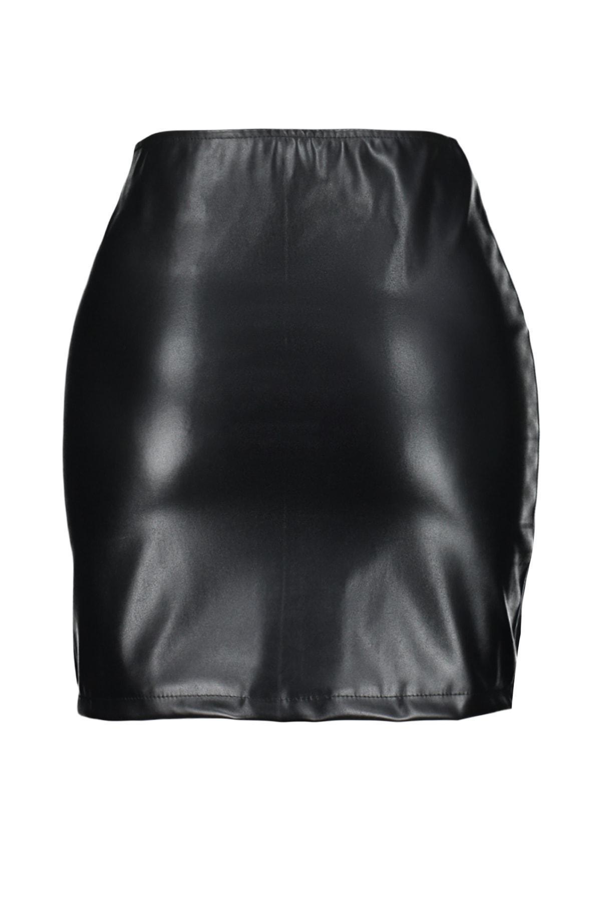 Black Leather Opened Hem Skirt, , large image number 7