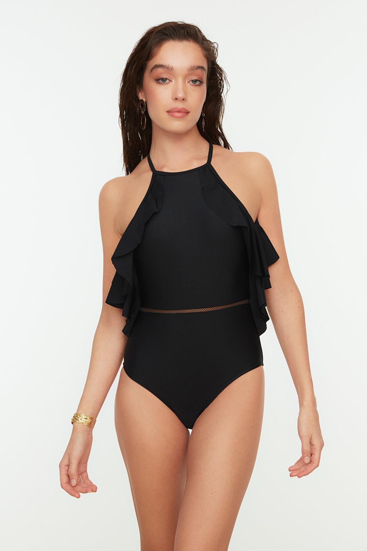 Black Ruffle Swimsuit, , large image number 4