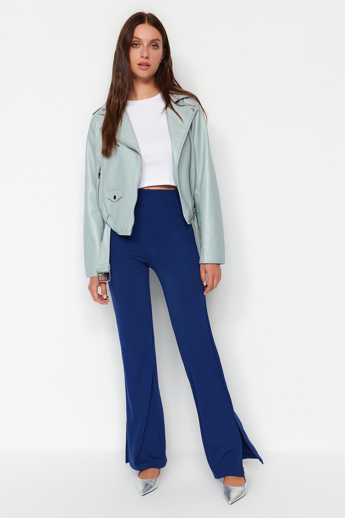Indigo Slits in the Sides Flare/Flare-Flare High Waist Knitted Trousers TWOSS23PL00134, single, , large image number 0