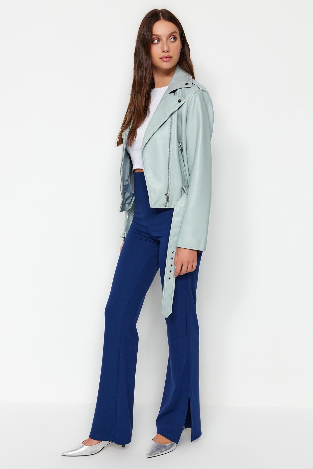 Indigo Slits in the Sides Flare/Flare-Flare High Waist Knitted Trousers TWOSS23PL00134, single, , large image number 1