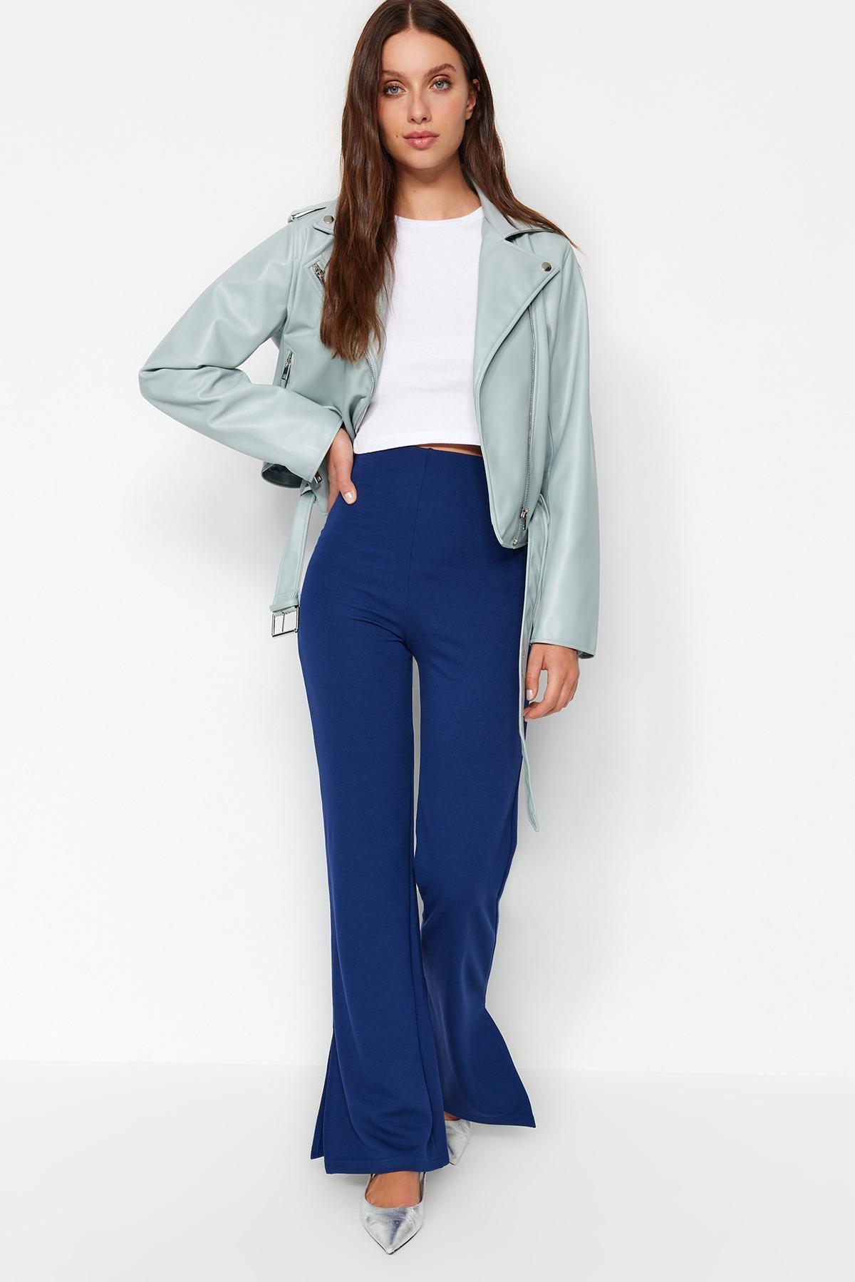 Indigo Slits in the Sides Flare/Flare-Flare High Waist Knitted Trousers TWOSS23PL00134, single, , large image number 2
