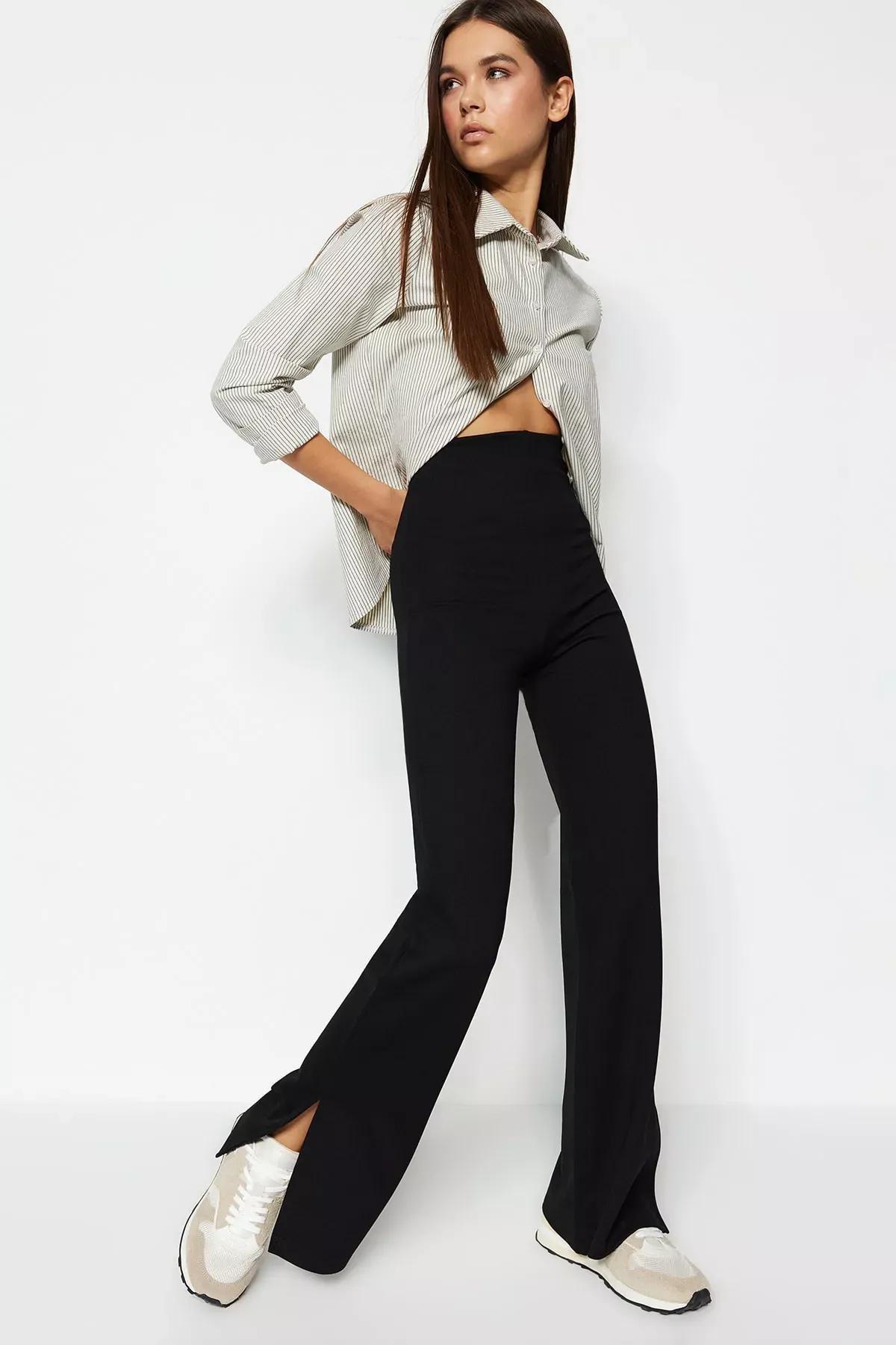 Black High Waisted Opened Hem Trousers, Black, medium
