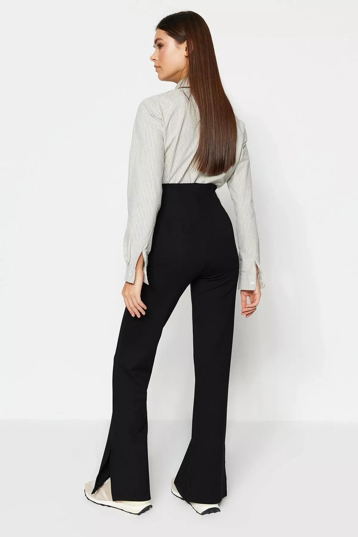 Black High Waisted Opened Hem Trousers, Black, medium