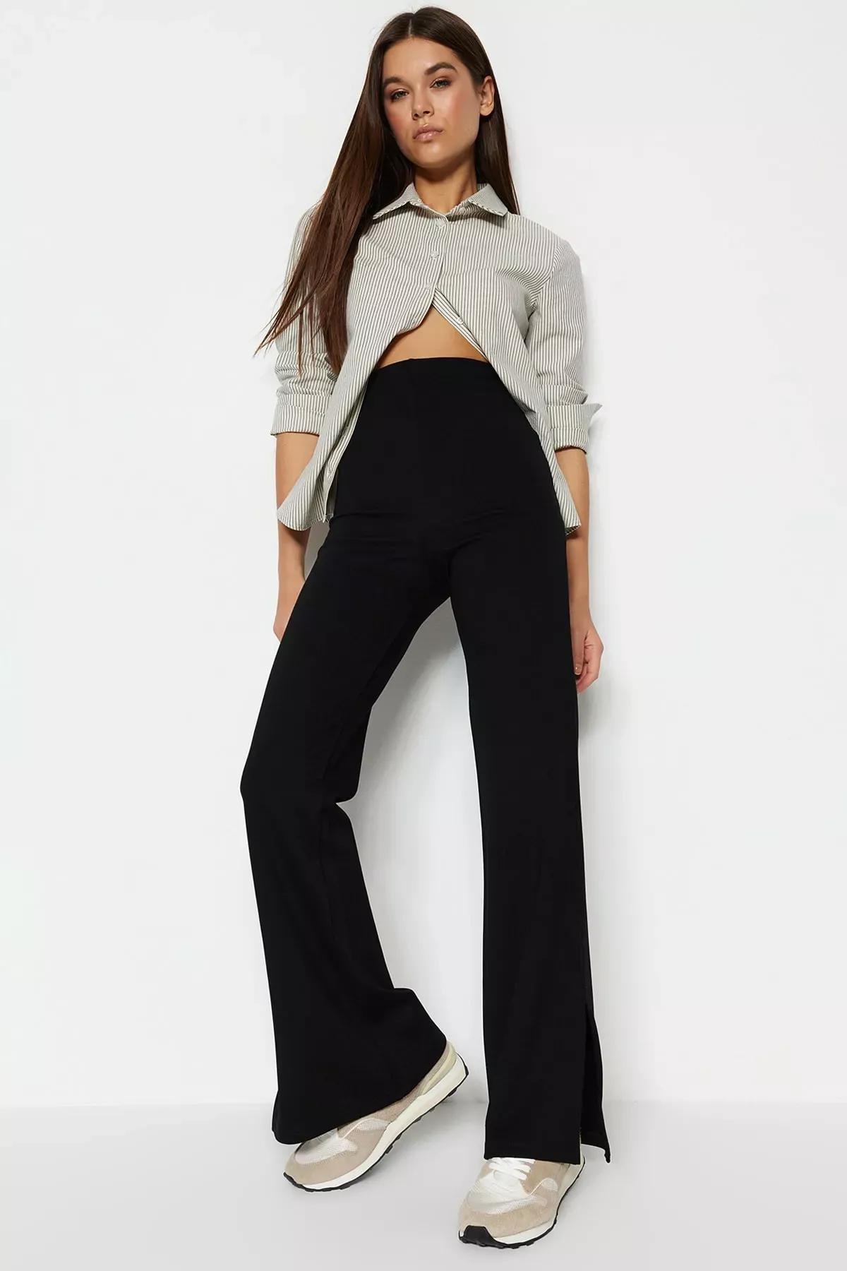 Black High Waisted Opened Hem Trousers, Black, large image number 3