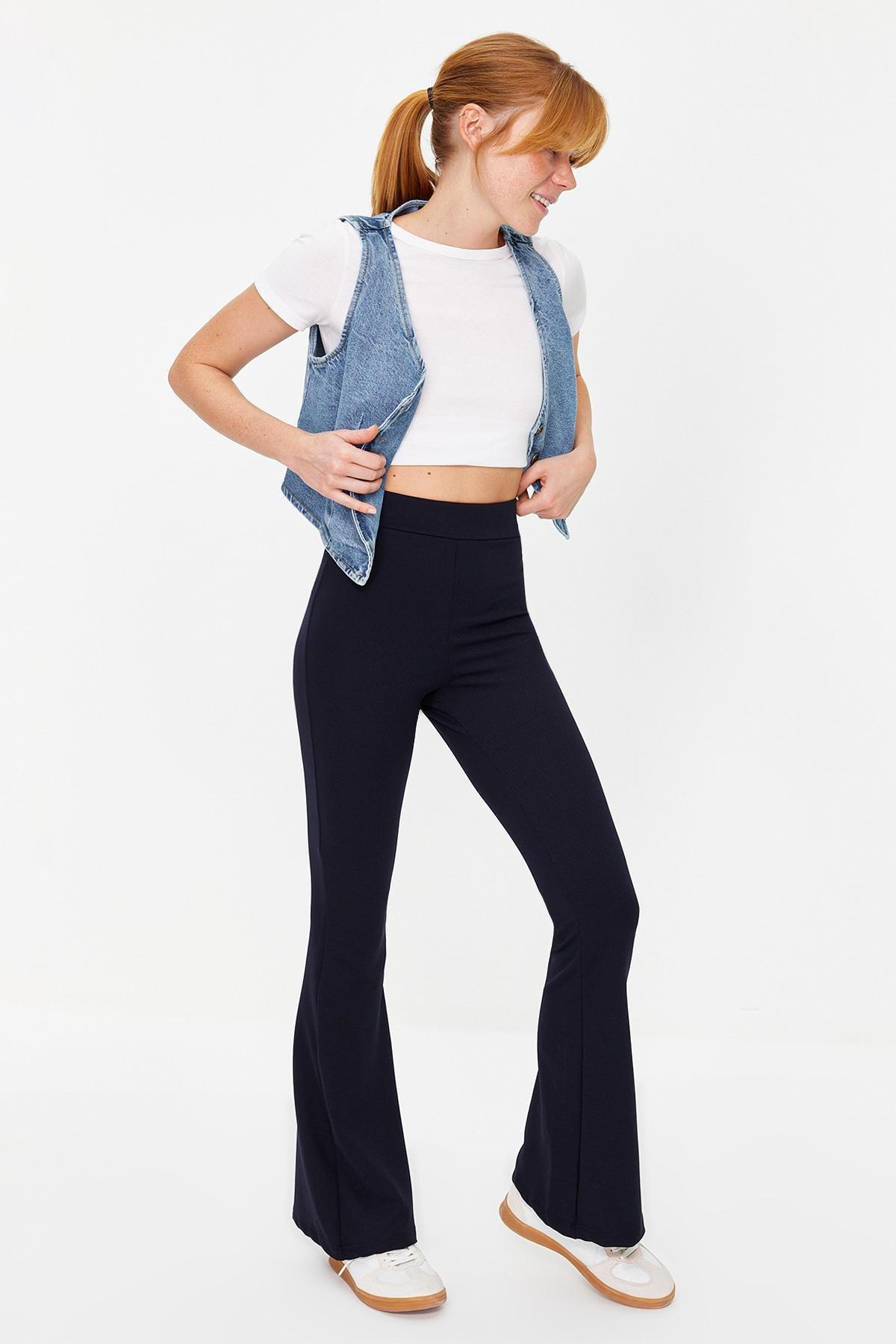 Blue Ribbed Flare Knitted Trousers, , large image number 0