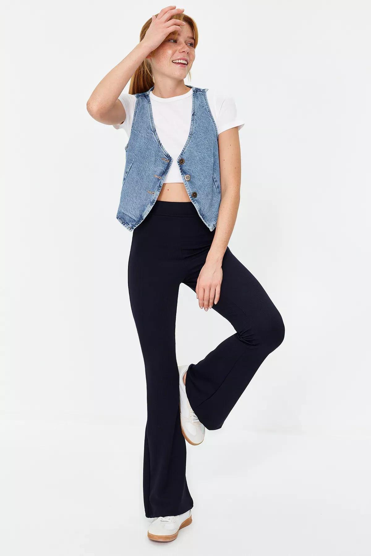 Blue Ribbed Flare Knitted Trousers, Navy blue, large image number 2