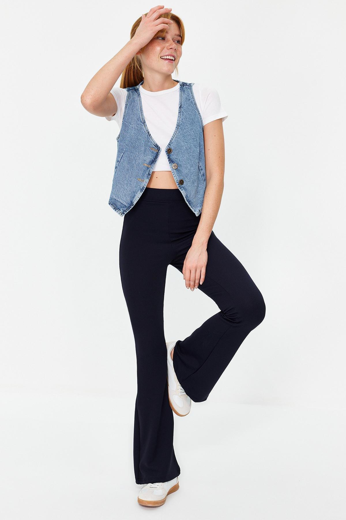 Blue Ribbed Flare Knitted Trousers, , large image number 2