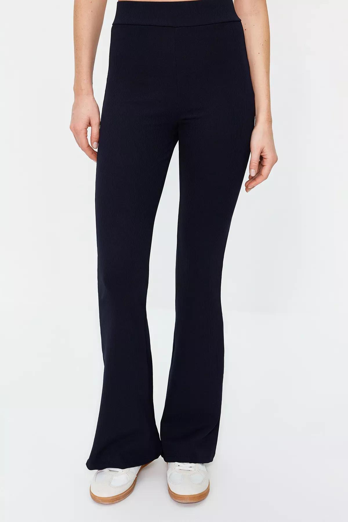 Blue Ribbed Flare Knitted Trousers, Navy blue, large image number 3