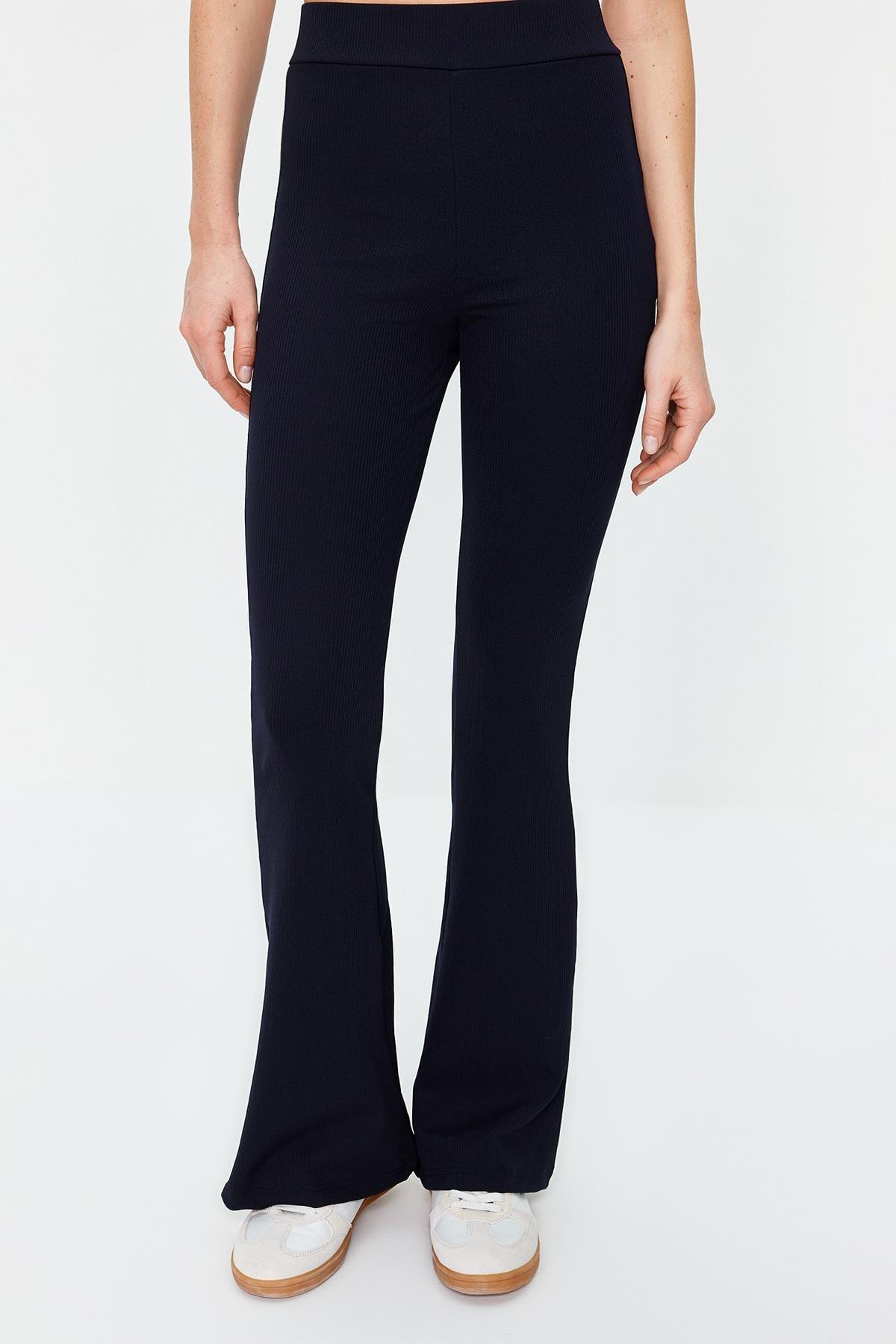 Blue Ribbed Flare Knitted Trousers, , large image number 3