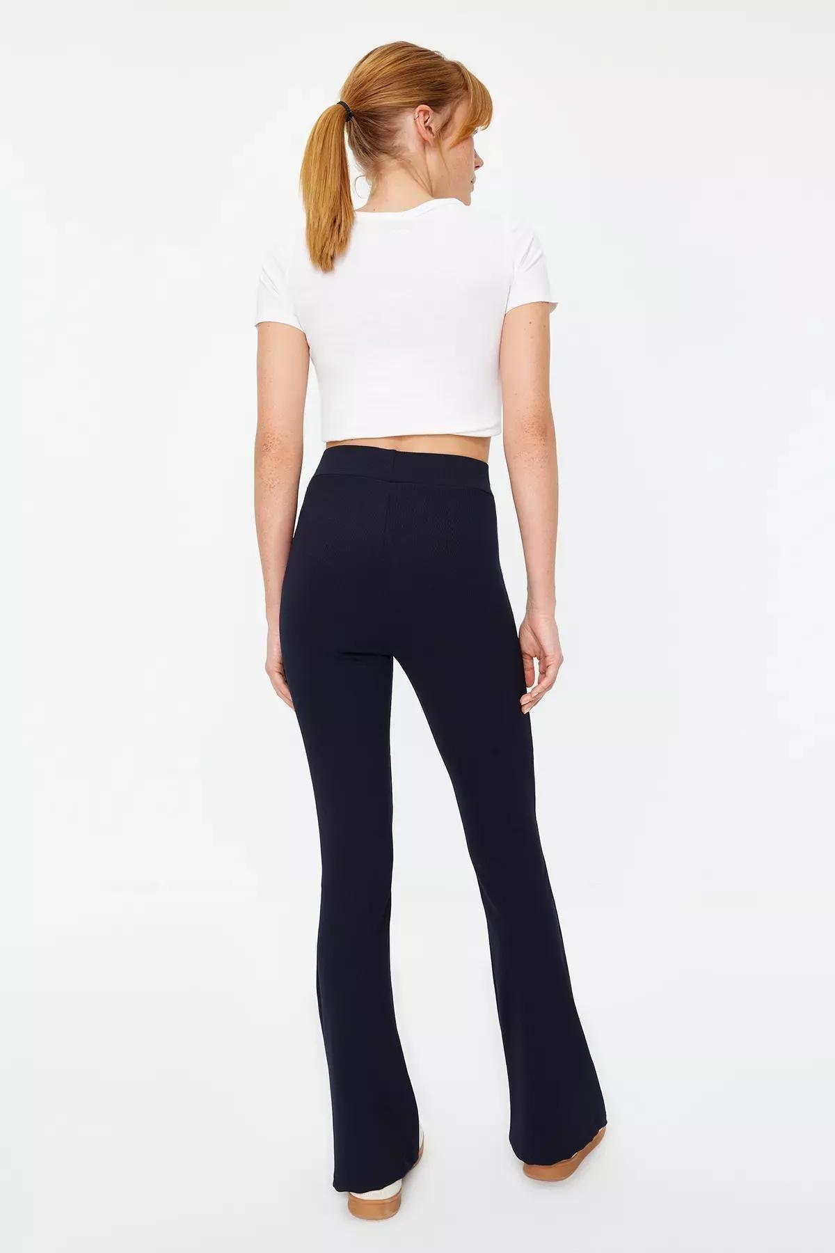 Blue Ribbed Flare Knitted Trousers, Navy blue, large image number 4