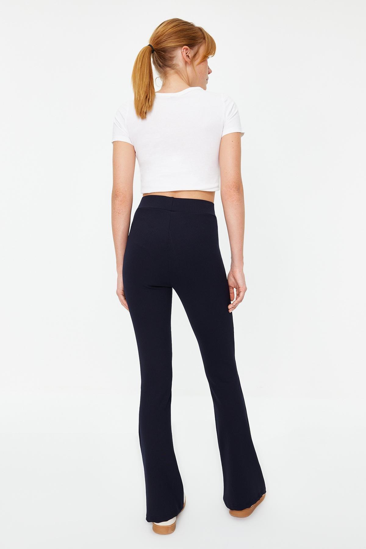 Blue Ribbed Flare Knitted Trousers, , large image number 4